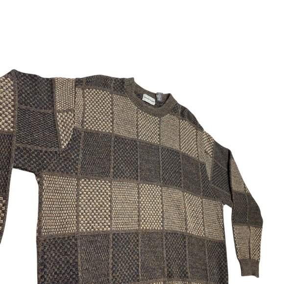 David Taylor Mens XXL Brown Pullover Sweater Knitted Checkerboard Crew Neck 90s - Picture 9 of 16